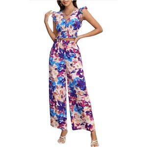 NEW Floral 2 Pc Outfit Crop Top & Long Pants Set high waisted XS
